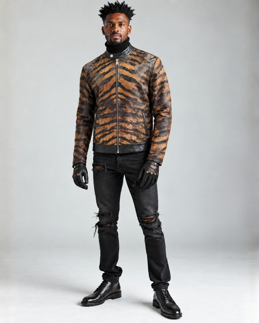 Men's Tiger Print Leather Jacket