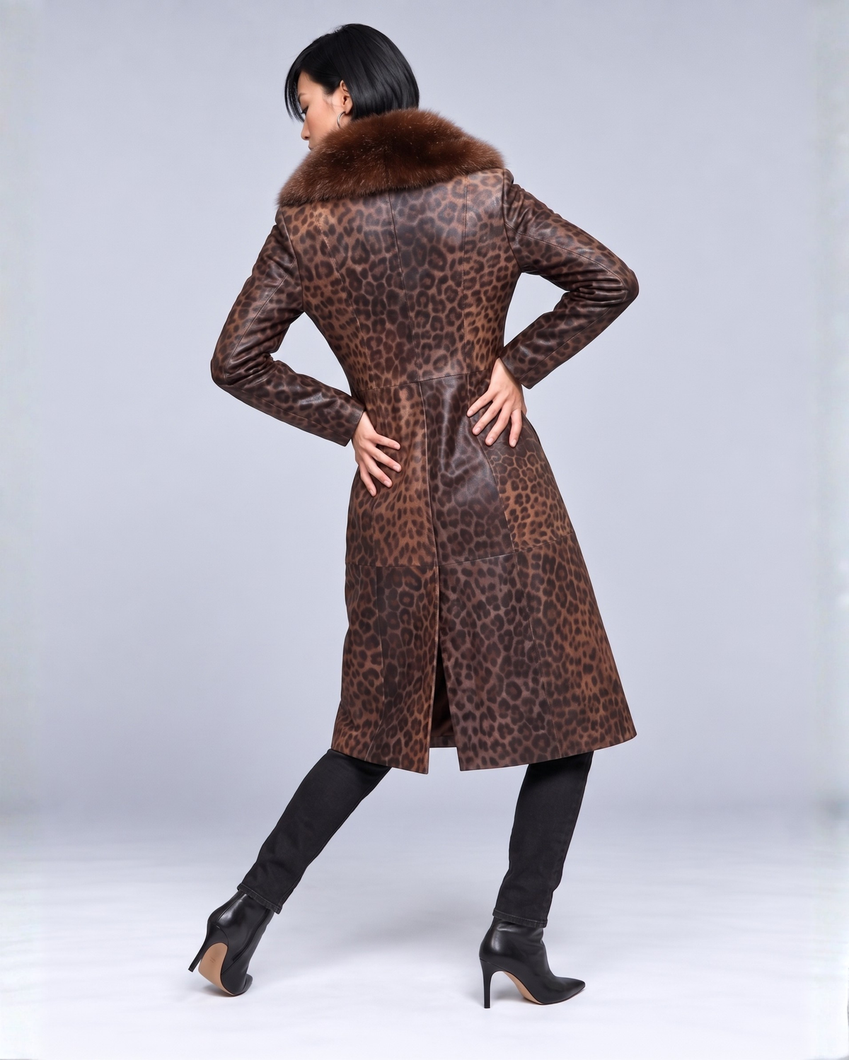 Women's Leopard Print Fox Collar Leather Coat