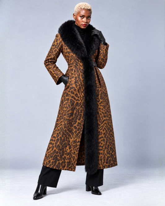 Women's Full-length Leopard Print Leather Coat