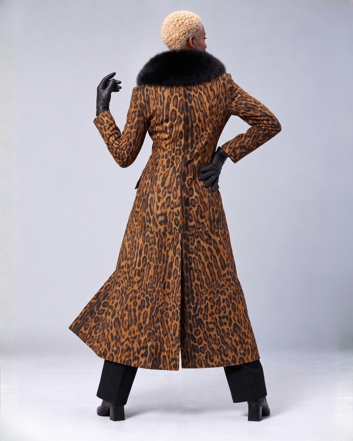 Women's Full-length Leopard Print Leather Coat