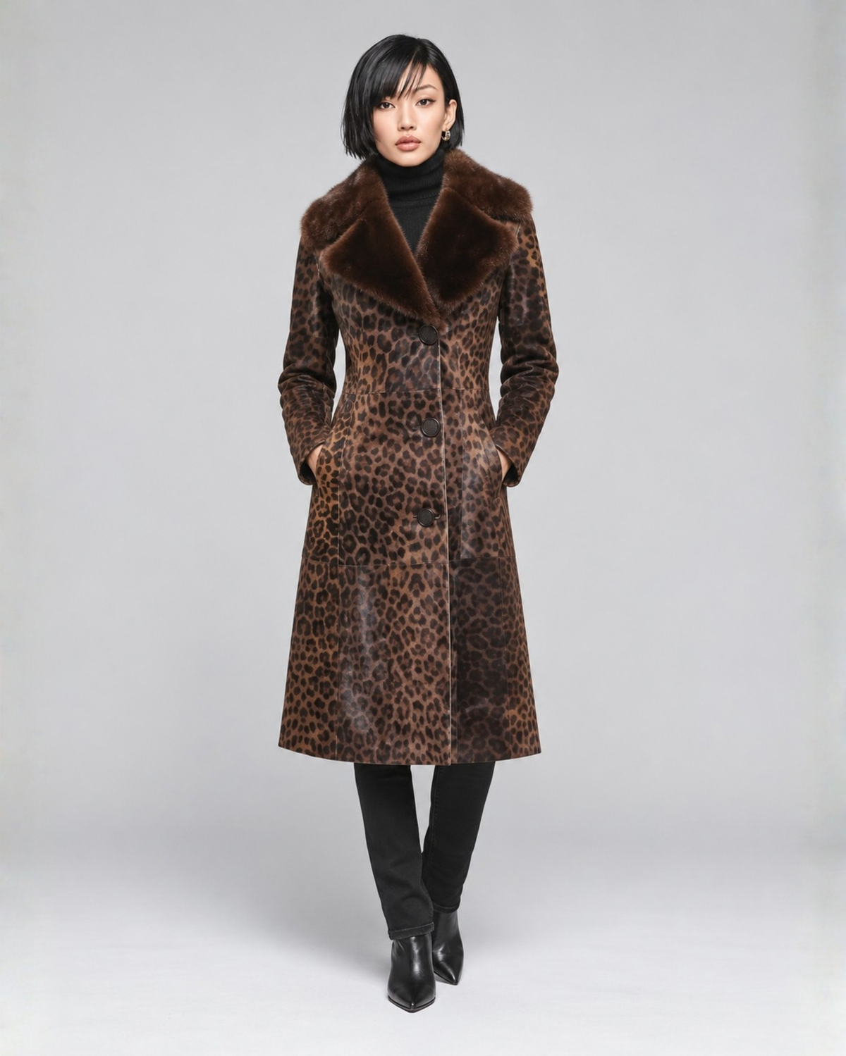 Women's Leopard Print Fox Collar Leather Coat