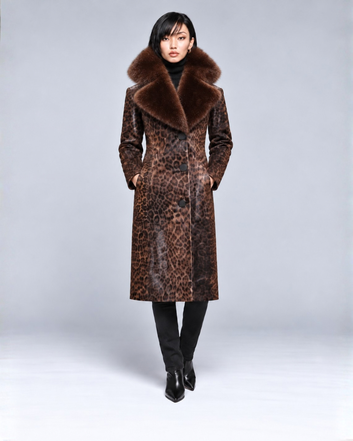 Women's Leopard Print Fox Collar Leather Coat