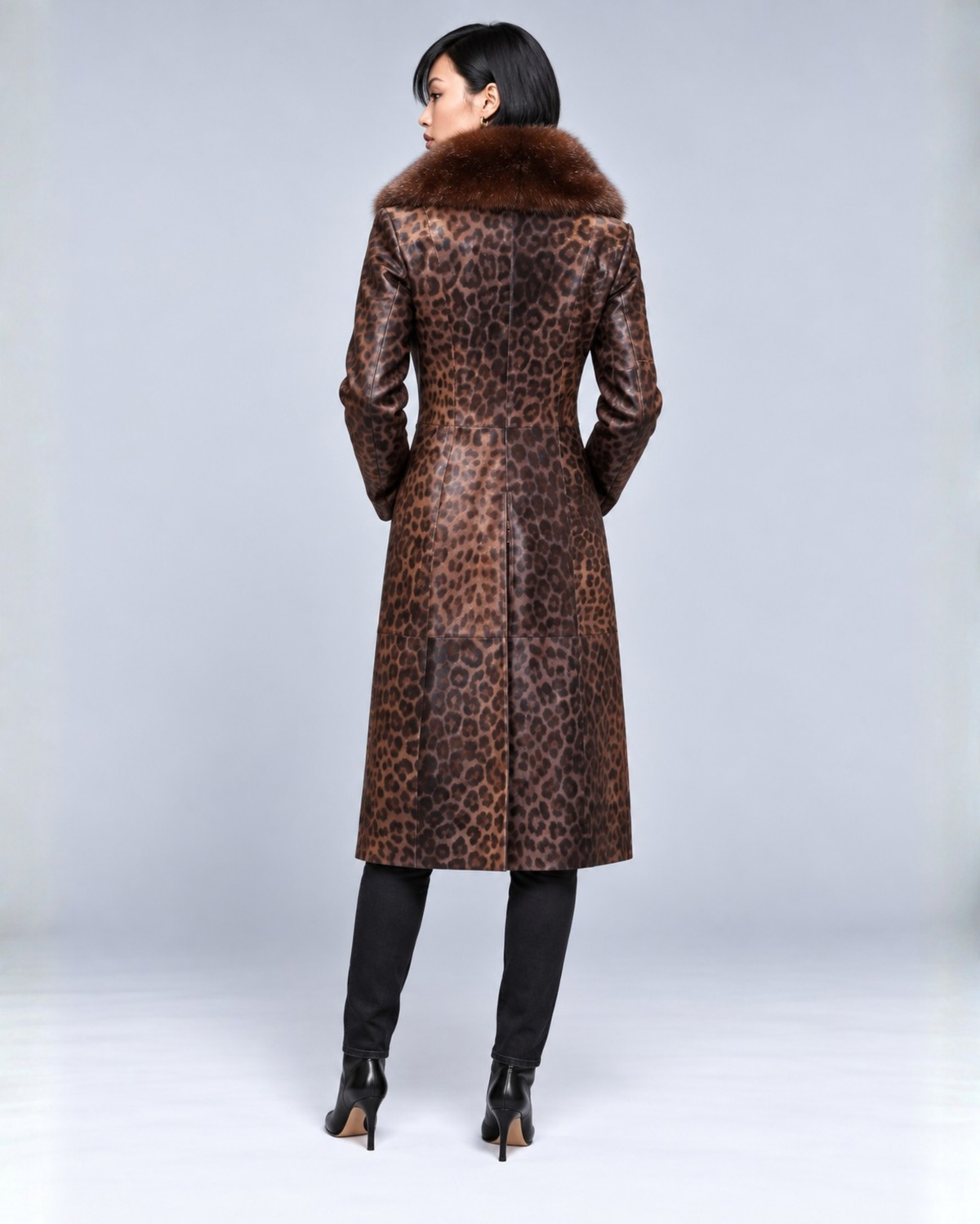 Women's Leopard Print Fox Collar Leather Coat