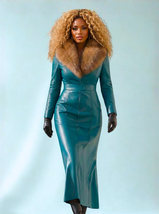 Women's Leather and Fur Collared Dress