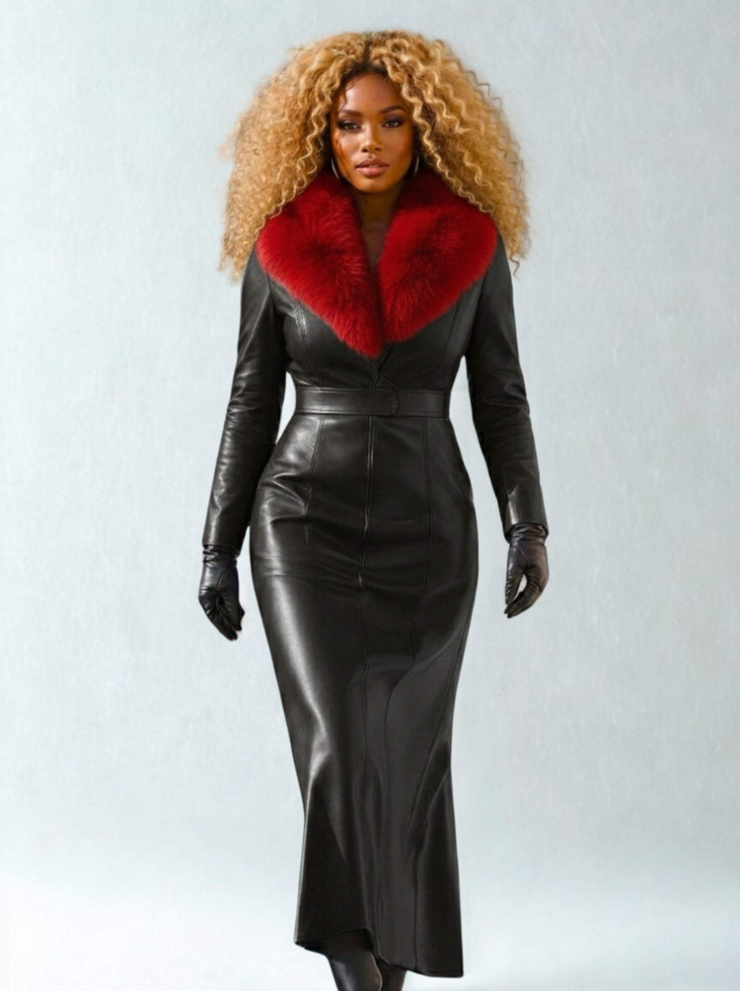 Women's Leather and Fox Collared Dress