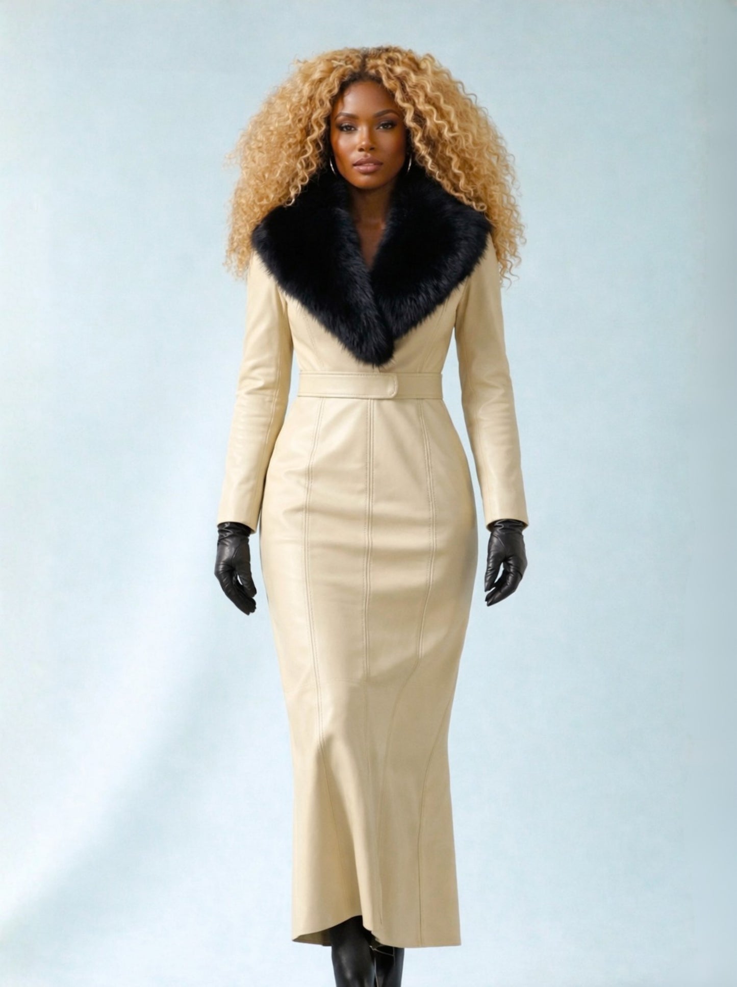 Women's Leather and Fox Collared Dress