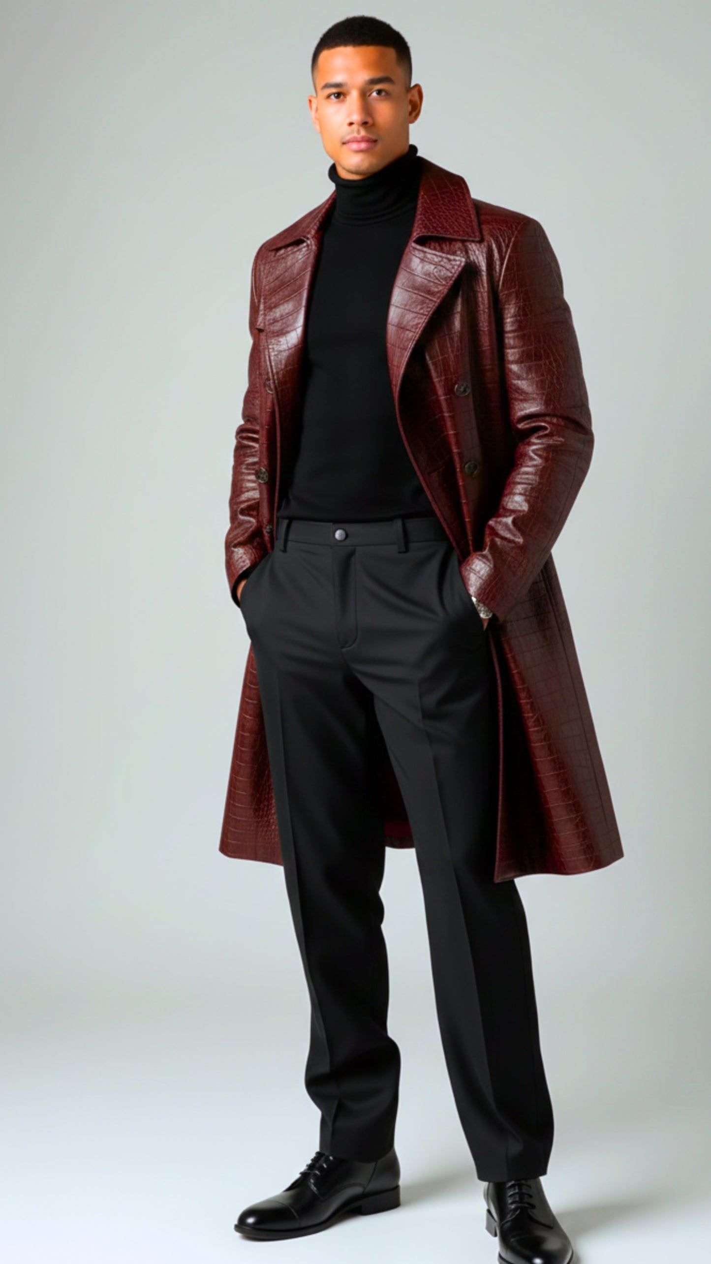 Men's Full Length Luxury Crocodile Embossed Leather Coat
