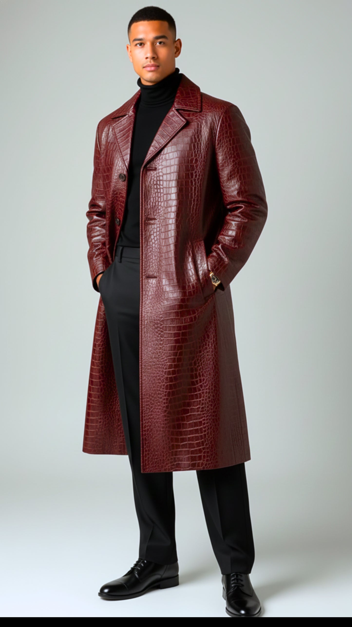 Men's Full Length Luxury Crocodile Embossed Leather Coat