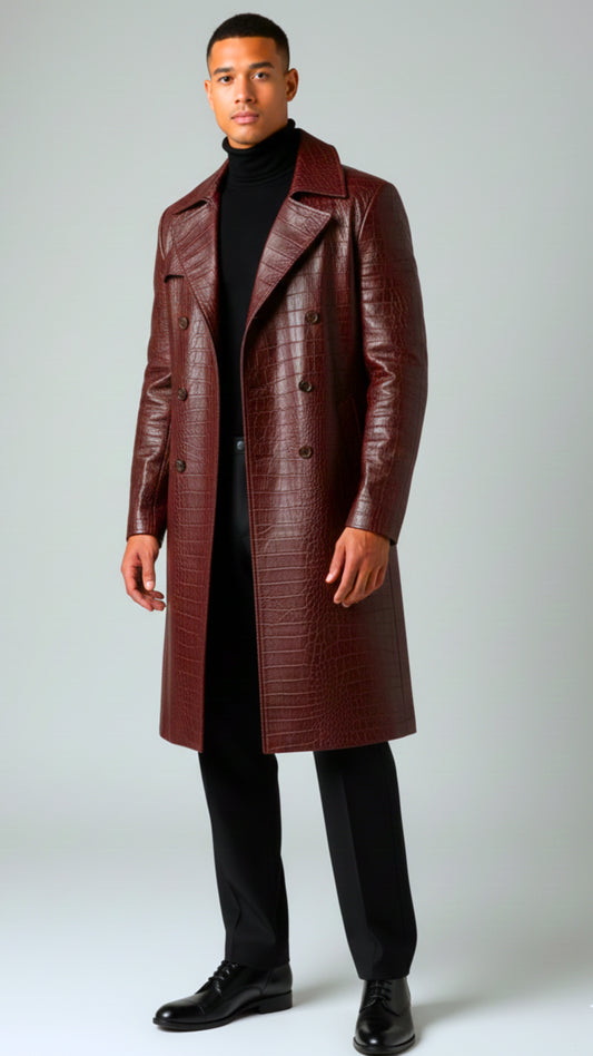 Men's Full Length Luxury Crocodile Embossed Leather Coat