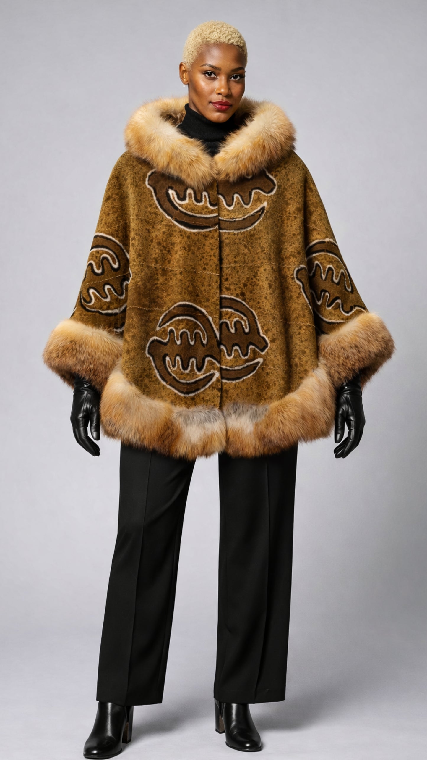 American Red Fox Fur and Mudcloth Hooded Poncho