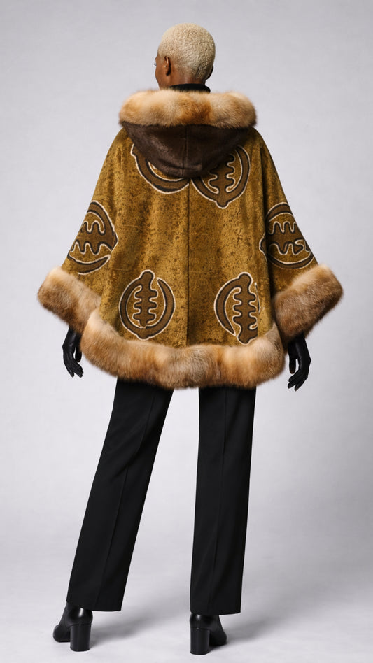 American Red Fox Fur and Mudcloth Hooded Poncho