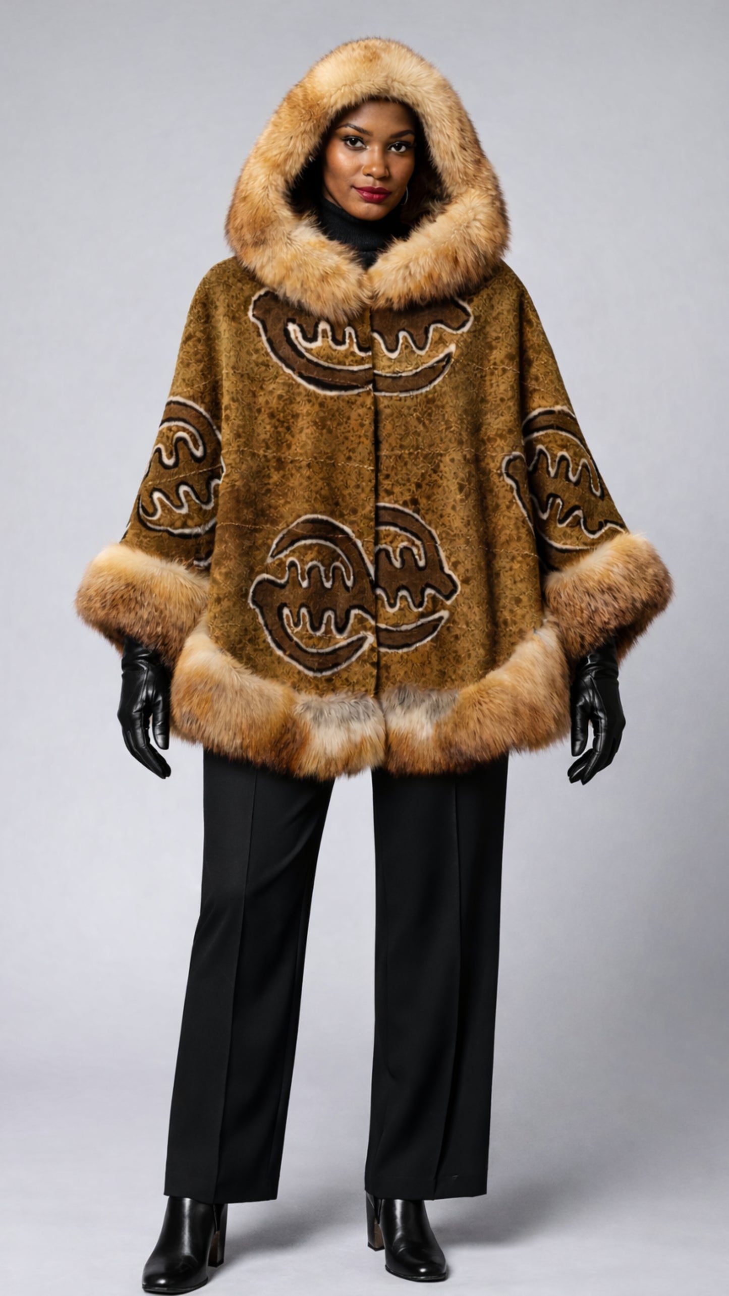 American Red Fox Fur and Mudcloth Hooded Poncho