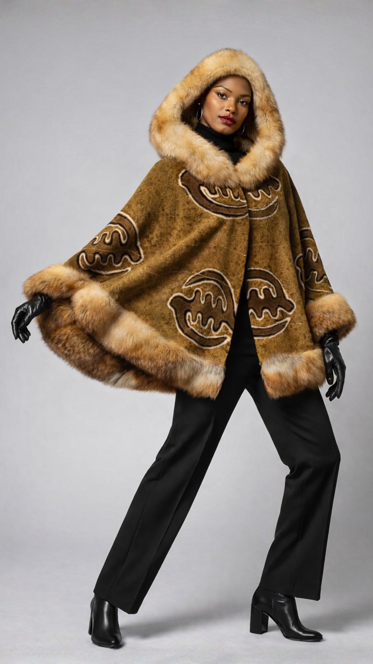 American Red Fox Fur and Mudcloth Hooded Poncho