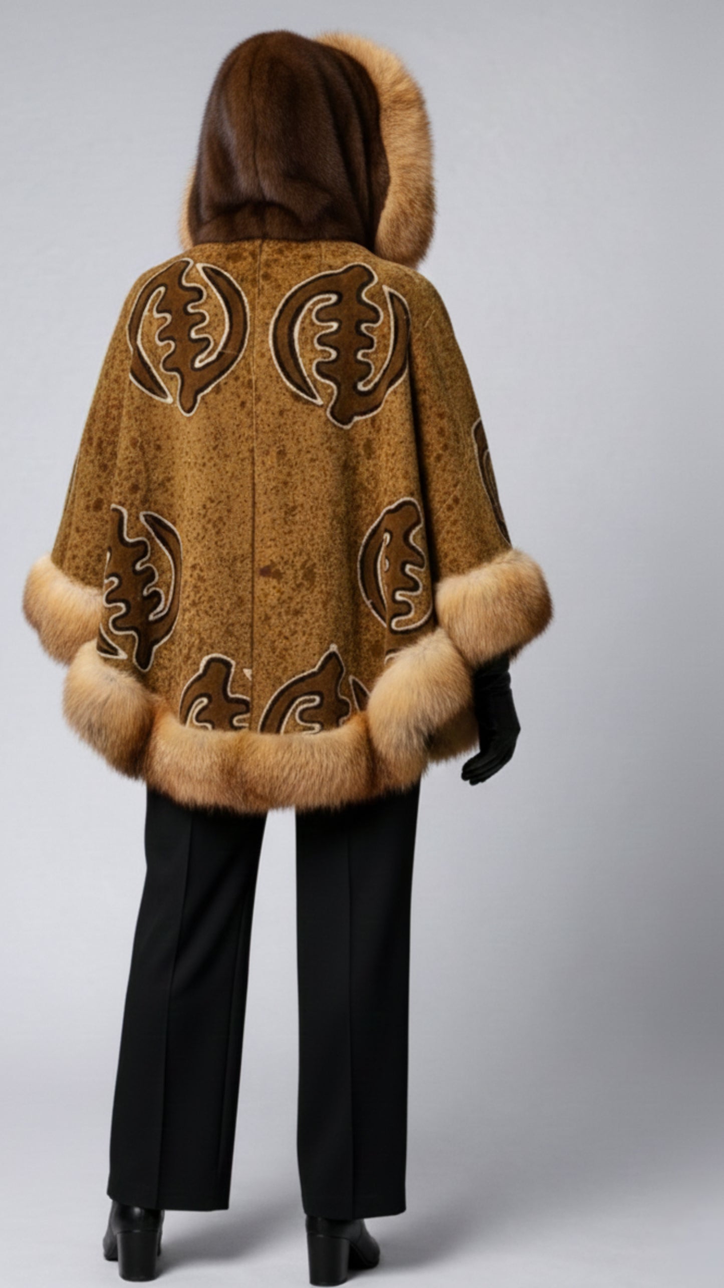 American Red Fox Fur and Mudcloth Hooded Poncho