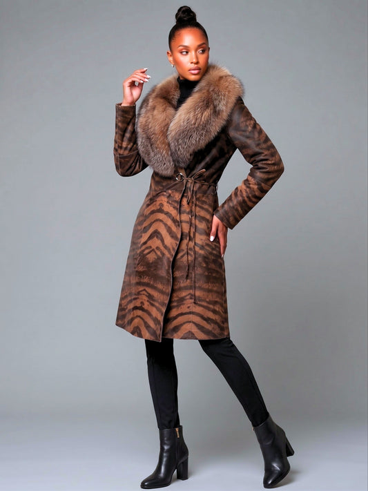 Women's Luxury Fox Collar Leather Tiger Pony Coat Dress