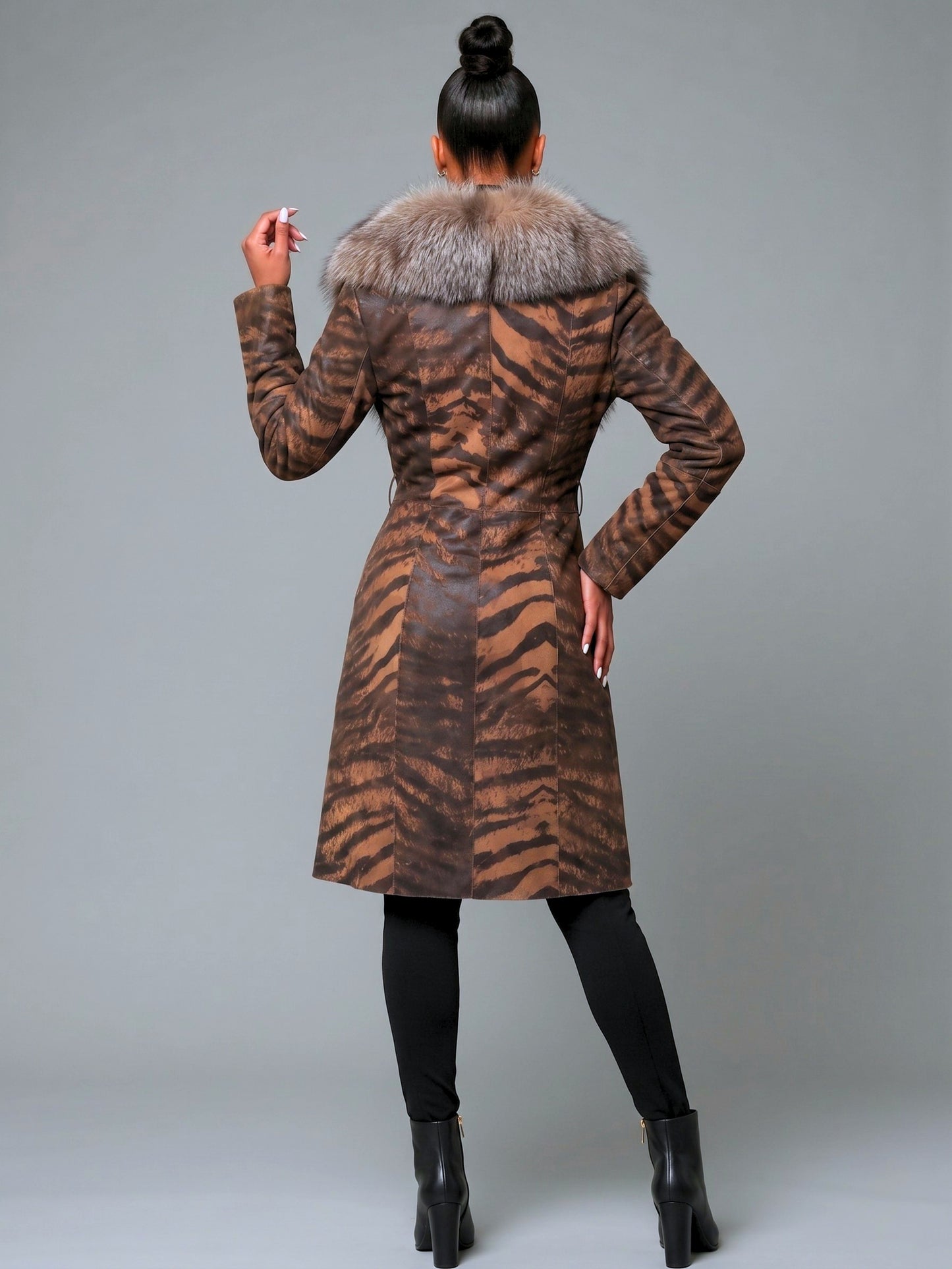 Women's Luxury Fox Collar Leather Tiger Pony Coat Dress