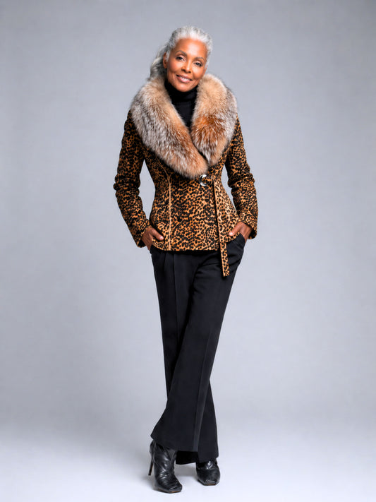 Woman's Fur Collared Leopard Pony Suede Jacket