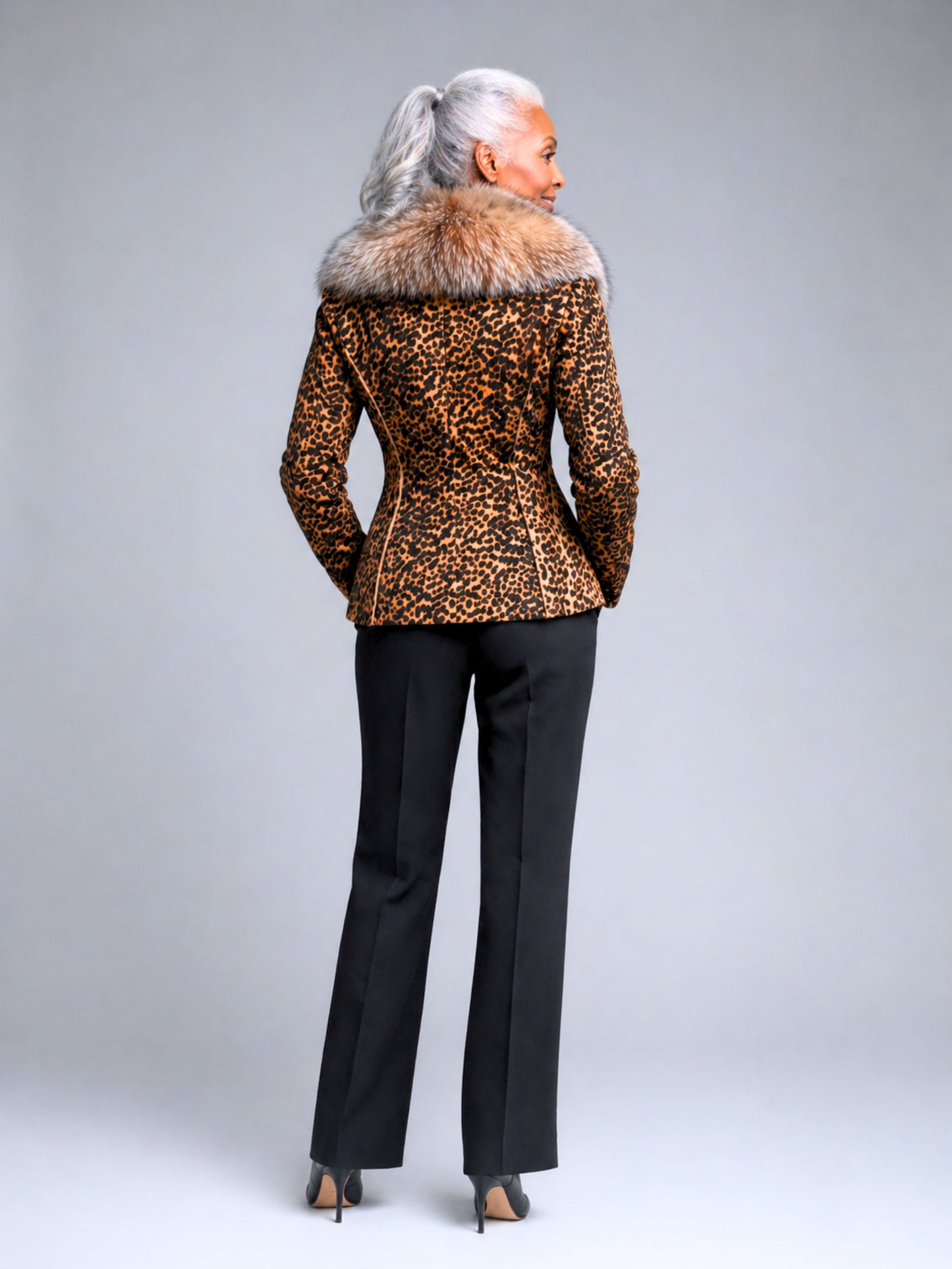 Woman's Fur Collared Leopard Pony Suede Jacket